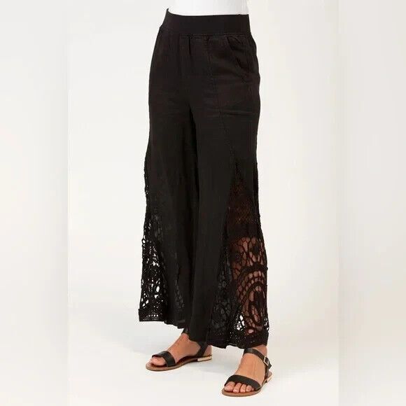 XCVI Pants - XCVI Ismay Women's Black Crochet LINEN Wide Leg Flowy Waist Pants Sz M